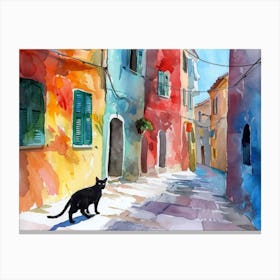 Black Cat In Cagliari, Italy, Street Art Watercolour Painting 3 Canvas Print