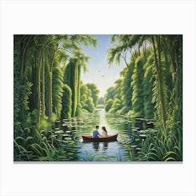 A Passionate Summer Scene Capturing A Youthful Couple In Love Gently Rowing Into The Heart Of A Fre Canvas Print