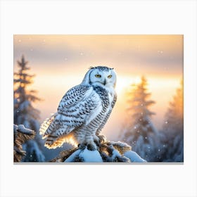 Snowy Owl Perched On A Frosted Pine Branch Winter Sunrise Casting A Golden Hue Over A Tranquil Snow Canvas Print