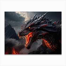 Red Dragon Exhibiting Fierce Power As It Glares With Piercing Eyes Backlit By A Subdued Inferno Sh Canvas Print