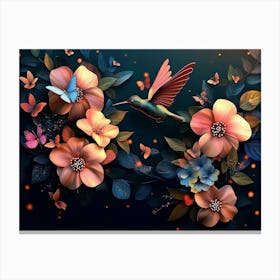 Beautiful Summer Blooms, Butterflies, And Hummingbirds In 3d Against A Background Of Dark, Vibrant Colors Canvas Print