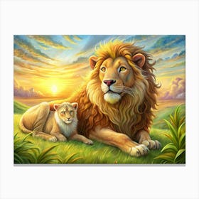 Lion And Lion Cub At Sunset Canvas Print