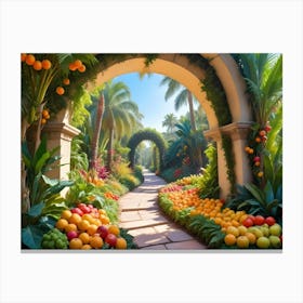 Lush Tropical Garden Pathway With Fruit Arches Canvas Print