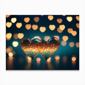 Two Golden Hearts On A Blue Background With A Bokeh Of Golden Heart Shaped Lights Canvas Print