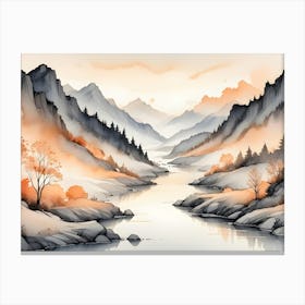 Watercolor Painting Of A Serene Mountain Valley With A River Winding Through It Canvas Print