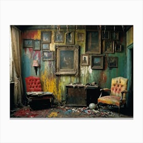 Interior Of A Vintage Horror Inspired Room With Rainbow Hued Aged Grunge Wallpaper Peeling Away To 2 1 Canvas Print