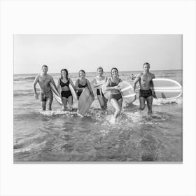 Surfers at the Beach, Vintage Black and White Old Photo Canvas Print