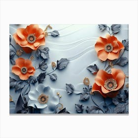 3d Artwork Illustration, White And Blue Background, Golden Jewelry, Flowers 1 Canvas Print