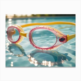 A Close Up Shot Of Pink And Yellow Swimming Goggles Floating In A Pool Of Water Canvas Print