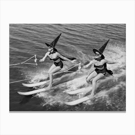 Waterskiing Witches Vintage Black and White Photo Canvas Print