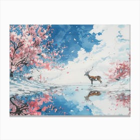 Deer Under Sakura Canvas Print