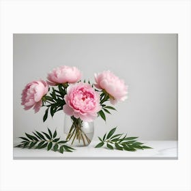 A Simple And Elegant Image Of Pink Peonies In A Glass Vase With Green Leaves, Creating A Delicate And Beautiful Still Life Canvas Print