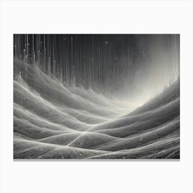 Abstract Black And White Landscape With Glowing Lines And Particles, Representing Data Flow, Technology, Or A Futuristic Environment Canvas Print