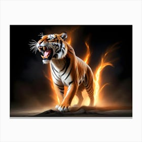 An Image Of A Roaring Tiger With Orange Flames Behind It Canvas Print