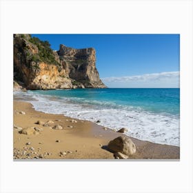 Cliffs and blue sea water on the beach. Cala Moraig Canvas Print