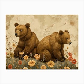 Floral Animal Illustration Brown Bear 3 Canvas Print