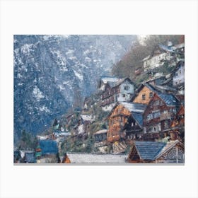 Village On The Mountainside Rocks Oil Painting Landscape Canvas Print