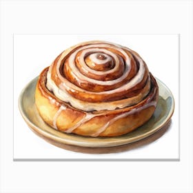 Watercolor Illustration Of A Glazed Cinnamon Roll On A Plate Canvas Print