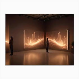 Two Women Stand In A Modern Gallery Space With Two Large Digital Displays Showing Abstract Artwork Canvas Print