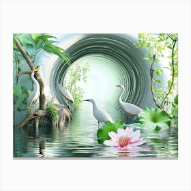 Birds In A 3D Tunnel With Fish And A Stream Canvas Print