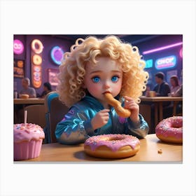 Cute Cartoon Girl With Blonde Curly Hair And Blue Eyes Eating Donuts And A Cupcake At A Donut Shop Canvas Print