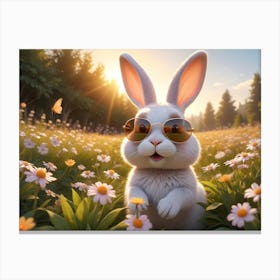 Cute, Cartoon Style White Rabbit Wearing Aviator Sunglasses, Sitting In A Field Of Daisies With A Warm Sunset In The Background Canvas Print