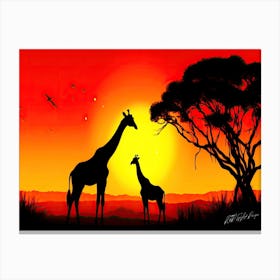 Mother And Baby - Giraffes At Sunset 2 Canvas Print