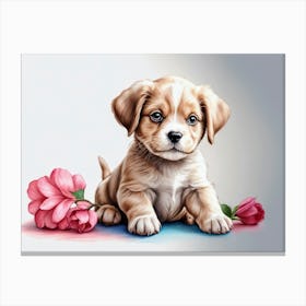 Puppy With Flowers Canvas Print