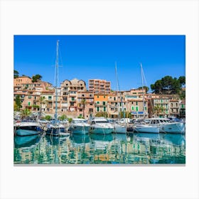 Boats yachts at marina harbor of Port de Soller on Mallorca island, Spain Mediterranean Sea Canvas Print