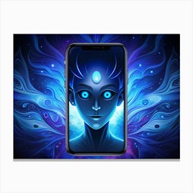 Woman S Face On A Smartphone Screen With A Blue And Purple Background Canvas Print