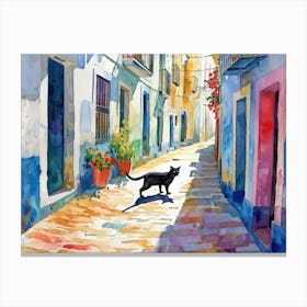 Cadiz, Spain   Cat In Street Art Watercolour Painting 1 Canvas Print