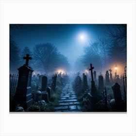 Cemetery Enveloped In A Dense Creeping Fog Under A Moonlit October Sky Gravestones With Skittish Canvas Print