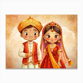 Illustration Of A Cartoon Indian Couple In Traditional Wedding Attire Canvas Print
