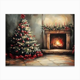 Christmas Tree By The Fireplace Canvas Print