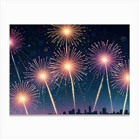 Abstract Image Of Fireworks Exploding Against A Night Sky With A Cityscape Silhouette In The Foreground, Representing Celebration And Urban Life Canvas Print