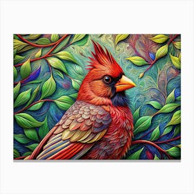 Red Cardinal Bird In A Colorful Floral Pattern Canvas Print