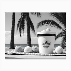 A Black And White Image Of A Cup Of Ice Cream With A Palm Tree Logo On The Cup, Surrounded By Ice Cream Scoops Canvas Print