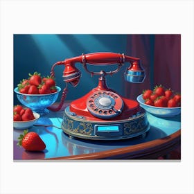 A Vintage Red Rotary Phone Sits On A Table, Surrounded By Bowls Of Strawberries Canvas Print