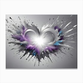 A White Heart With A Glowing Purple And Blue Center Surrounded By White, Feathery Swirls And Black Splatters Canvas Print