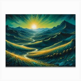 A Breathtaking Landscape Painting Of A Winding Road Leading Through A Valley With Majestic Mountains, A Sun Drenched Sky, And A Sense Of Peace And Tranquility Canvas Print