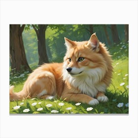 A Cute Fox With Orange And White Fur Sits In A Field Of Daisies Under The Warm Sunlight Canvas Print