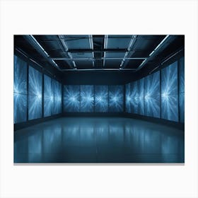 A Dark, Futuristic Room With A Screen Array Displaying Glowing Data And Lines, Evoking The Idea Of Technology, Data Visualization, Or A Digital Space Canvas Print