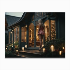 Lovely Lady Standing In Front Of House At Christmas Canvas Print