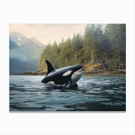 Realistic Forest Scene & Orca Whale Swimming In Sea Canvas Print