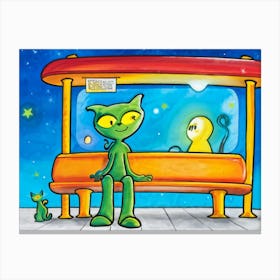 Illustration Of A Friendly Alien With Yellow Cat Like Eyes Waiting At A Vibrant Surreal Bus Stop 1 Canvas Print