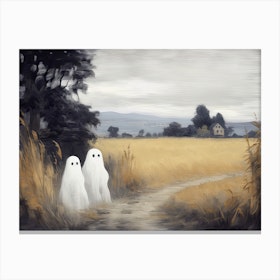 Cute Bedsheet Ghosts In Countryside, Vintage Style, Halloween Spooky Canvas Print