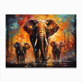 Majestic Elephant Family Art – Abstract Safari Wildlife Canvas – Vibrant African Sunset Scene – Unique Wall Decor for Nature Enthusiasts – Perfect Gift for Animal Lovers – Bold and Colorful Home Art Piece Canvas Print