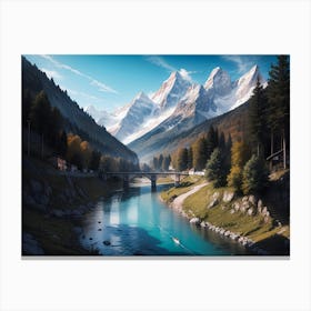 Mountain river landscape with Alps view #2 - Oil Painting Canvas Print