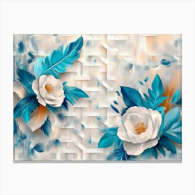 Abstract White Lattice, Turquoise Elements, And Feather on a Floral Base Canvas Print