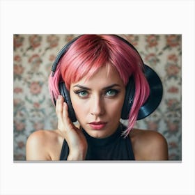 Pink Haired Woman Listening To Music Canvas Print